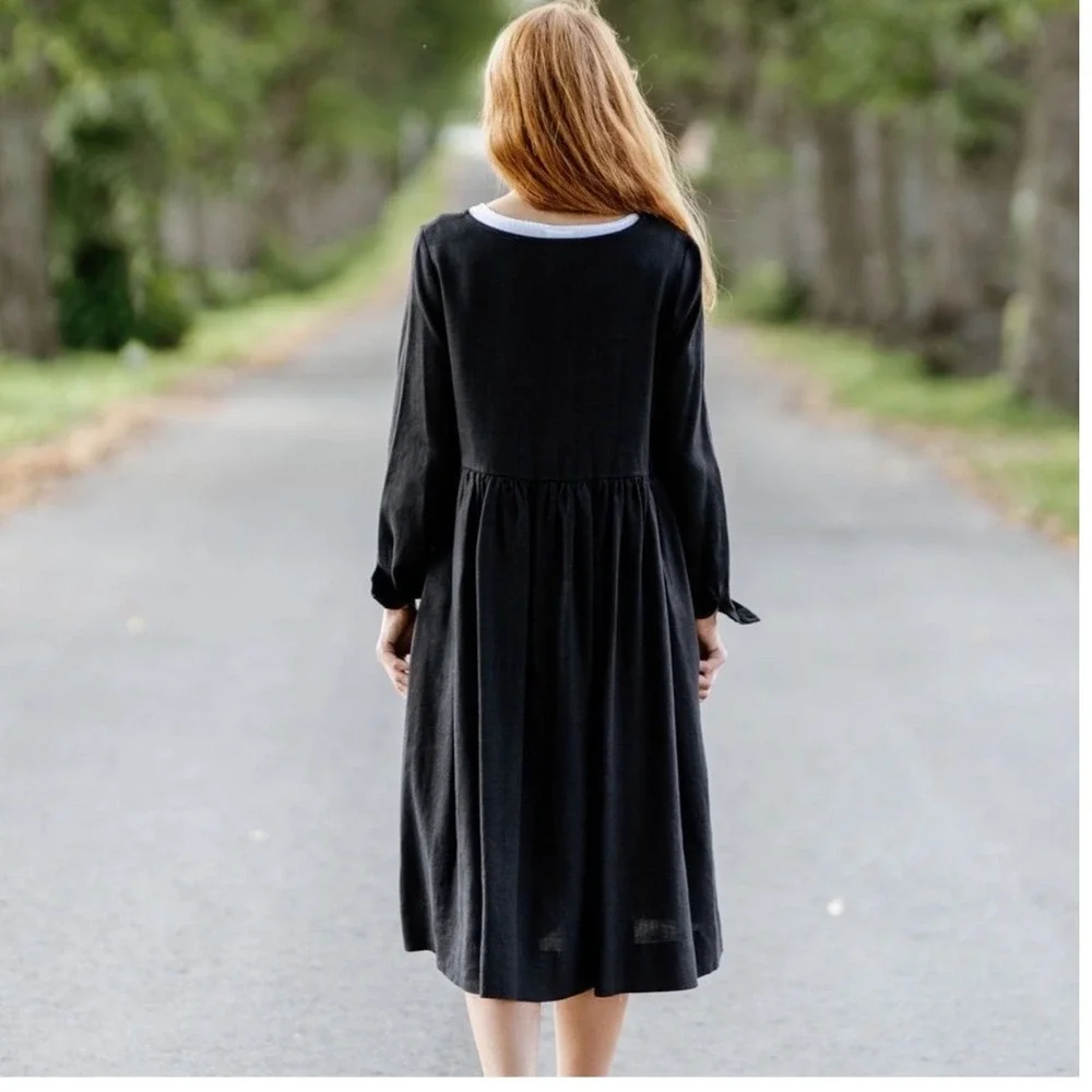 Son de Flor‎ Black Linen Dress XS Long Sleeve Cottagecore Minimalist Pockets